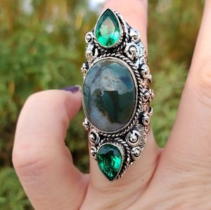 New Green Moss Agate and Peridot 925 Silver Statement Ring.
